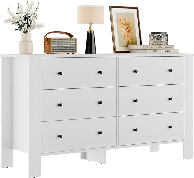 GarveeHome White 6 Drawer Dresser for Bedroom, Modern Wide Dresser Organizer with Storage Drawers, Wooden Chests of Drawers for Bedroom, Entryway, Hallway, Home Office