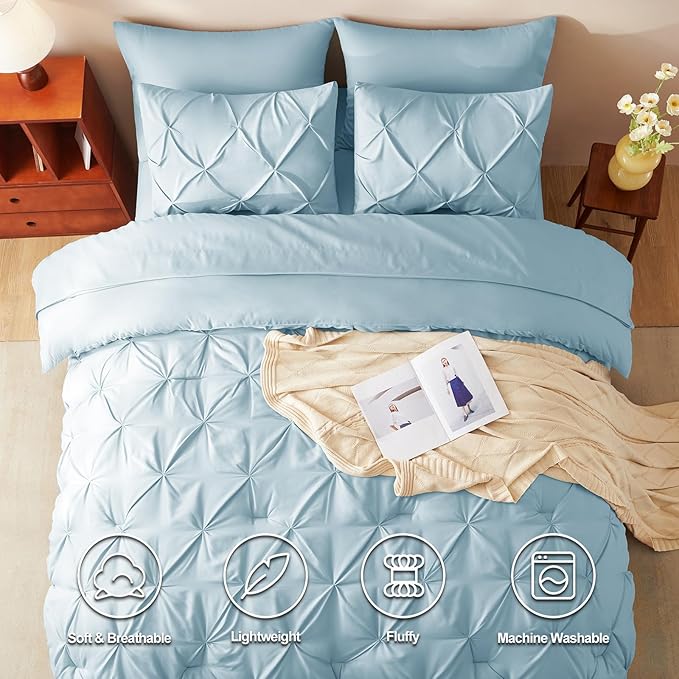 CozyLux Twin XL Comforter Set Light Blue, 5 Pieces Twin Extra Long Pintuck Bed in A Bag for College Dorm, Pinch Pleat Bedding Set with Comforter, Sheets, Pillowcase & Sham
