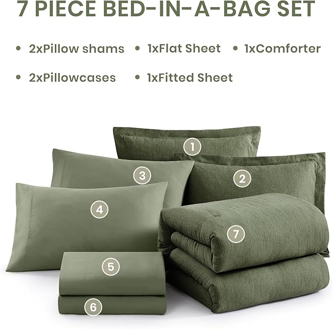 Monbix Oversized King Comforter Set - 7 Pieces Cationic Dyeing Olive Green Bed in a Bag Bed Sets with Comforter, Sheets, Pillowcases & Shams, Reversible Bedding Comforters Sets (120 * 98)