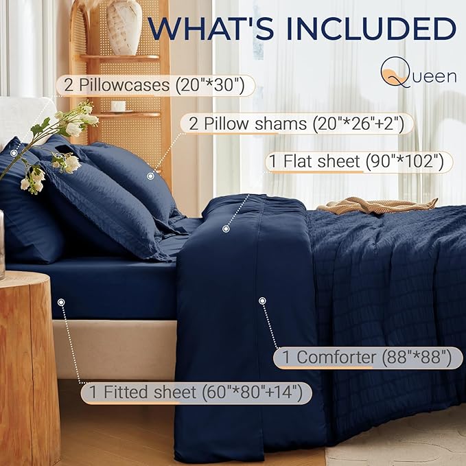 MUXHOMO 7 Pieces Queen Comforter Set, Seersucker Bed in a Bag Queen Size, All Season Luxury Bedding Set with Comforter, Flat Sheet, Fitted Sheet, Pillowcases & Shams, Navy Blue