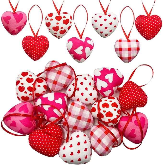 Valentines Hearts Ornaments,12PCS Fabric Heart Hanging Ornaments,Red Pink Hearts Shape Baubles Bulk for Valentines Tree Wedding Anniversary Party DIY Crafts Decorations 1.8 inch