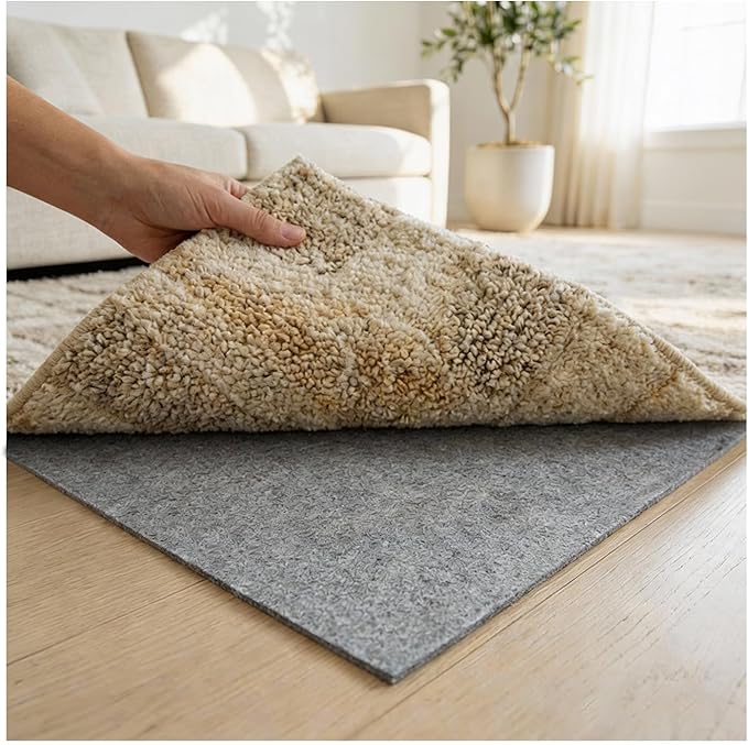 Felt Rug Pad with Gripper Dots, 5x7 Ft Non-Slip Rug Underpad with PVC Backing, 1/6" Thick Cushioned Carpet Pad Gripper for Hardwood Floors, Vinyl & Tile, Under Rug Padding Floor Protection