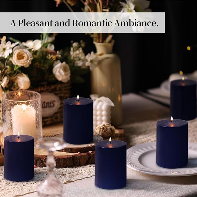 KONNI Navy Blue Pillar Candles Set of 3, 3"x 4" Unscented Pillar Candles Bulk, 39 Hours Long Burning Candles, Smokeless&Dripless Large Round Candle for Wedding, Home Decoration, Parties, Spas, Dinner