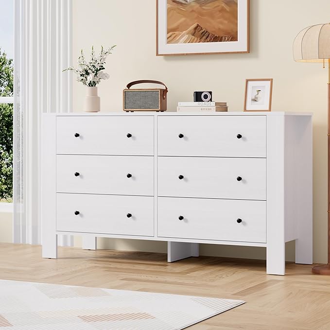 GarveeHome White 6 Drawer Dresser for Bedroom, Modern Wide Dresser Organizer with Storage Drawers, Wooden Chests of Drawers for Bedroom, Entryway, Hallway, Home Office