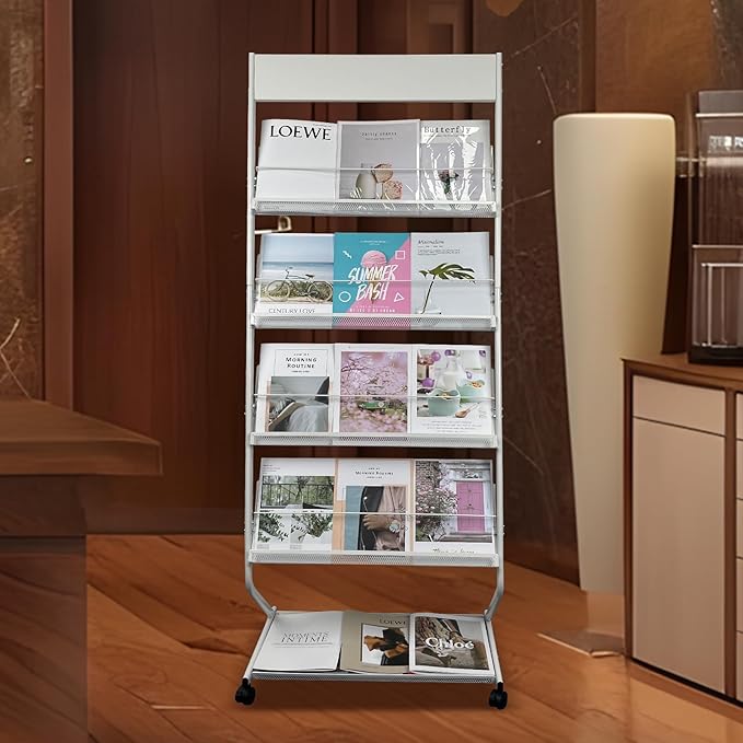 tongmo Floor-Standing Magazine Rack 4-Layer with Wheels, Brochure Display Stand, High-hardness metal for Exhibitions, Office, and Any Organization Requiring Information Display (White)