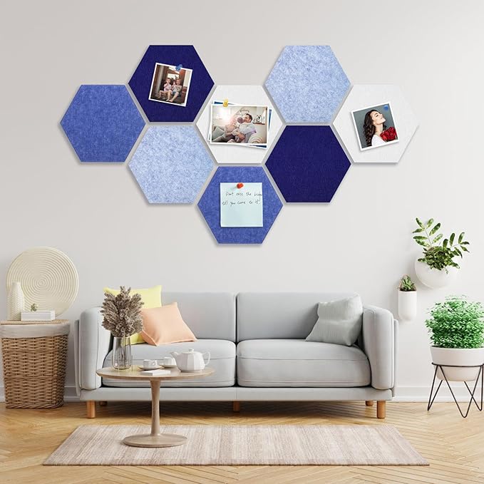 8 Packs Blue White Hexagon Felt Pin Board, 12" Bulletin Board with 30 Push Pins, Felt Board for Home Kitchen Office Decor, Self-Adhesive Corkboard Tiles for Walls School Message Photos Memos