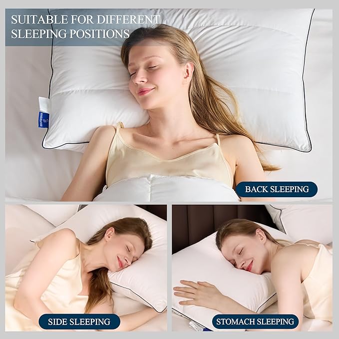 Goose Down Feather Pillows Queen Size Set of 2 with Soft Cotton Cover for Side Back Stomach Sleepers 3-Zone Cervical Neck Support Hotel Collection Bed Pillow (2, Queen)