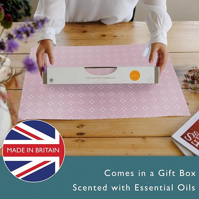 The Master Herbalist Fragrant Scented Drawer Liners in a Geometric Print (Folded) | Natural | Pack of 5 Sheets | Contains Essential Oils | Made in The UK (Helebore Pink | Neroli & Bergamot, Folded)
