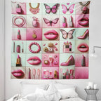 Ambesonne Pink Tapestry Queen Size, Squares of Feminine Fashion Lipstick Butterfly Makeup Glam Kisses Concepts, Wall Hanging Bedspread Bed Cover Wall Decor, 88" X 88", Pale Mint Green