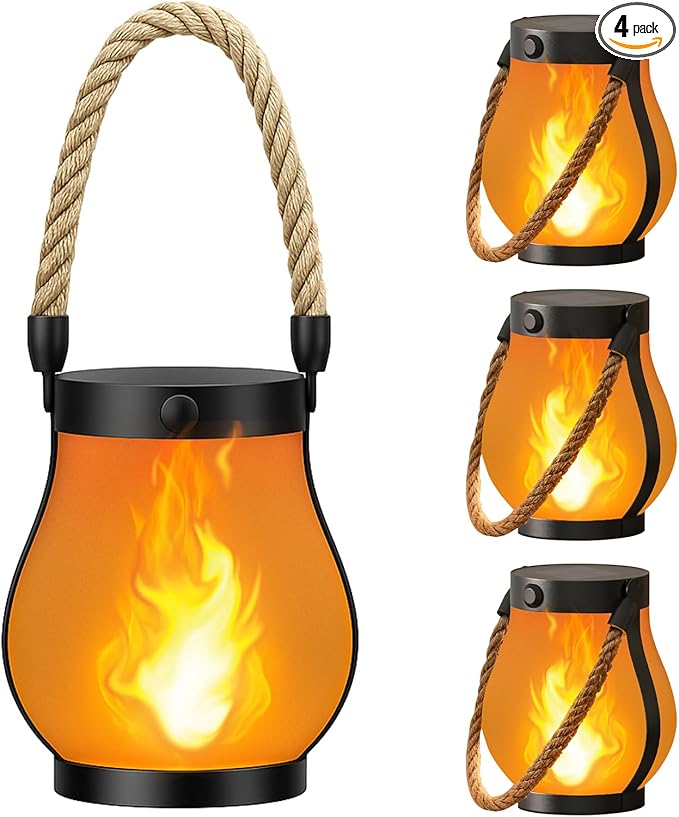 Hompavo Gen2 Solar Lanterns Outdoor with Ultra-Real Flame, Dual Charging (USB/Solar) & 2 Modes - Waterproof Decorative Hanging/Table Lights for Yard Patio Garden Gift Halloween Christmas Decoration, 4