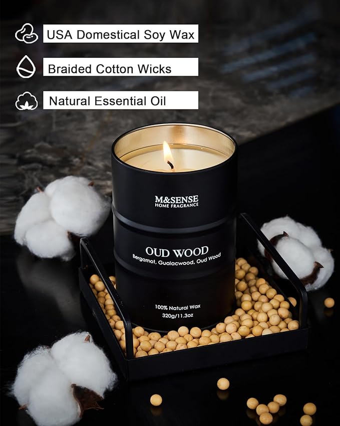 M&SENSE Oud Wood Scented Candles Christmas Decor, Natural Soy Wax Hoilday Candle, 11.3oz 70 Hours Christmas Candles, Winter Candle Gifts for Men Women,Sandwood Scented Candle for Home