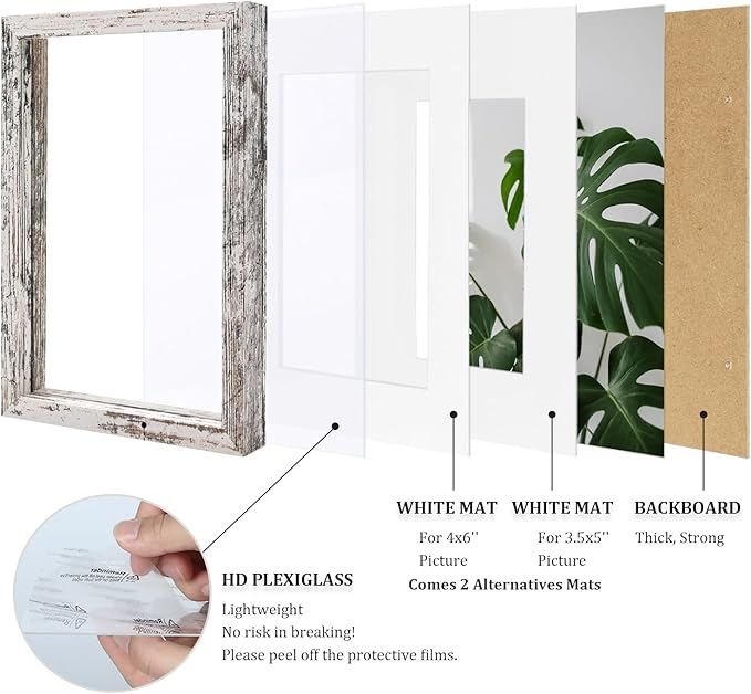 Egofine 5x7 Picture Frames Set of 4, Made of Solid Wood Covered by Plexiglass 3.5x5 and 4x6 with Mat or 5x7 without Mat, for Table Top Display and Wall Mounting Photo Frame Rustic White