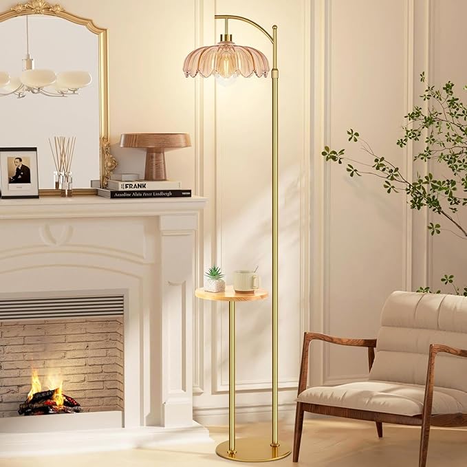 Gold Floor Lamp with Table and Shelves for Living Room Bedroom,Glass Standing Lamp with Remote Dimmable,Boho Brass Tall Lamp Vintage Farmhouse Arc Flower Floor Light Bohemian