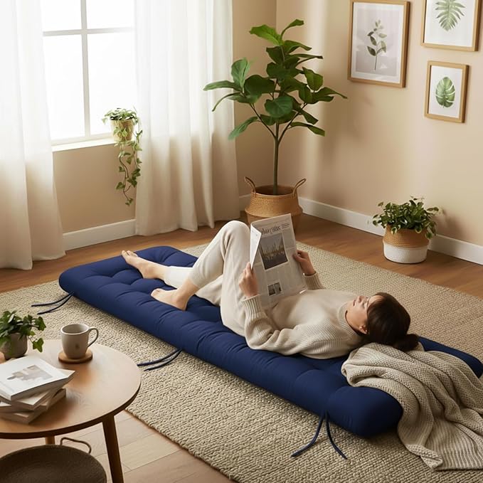 Long Floor Cushion Large Floor Cushion with Brushed Cotton 74.8 x 27.5 x 3.15 in Jumbo Lounger Pillow for Outdoor Indoor Bay Window Meditation Yoga Reading Sleeping(1 Pc,Navy Blue)