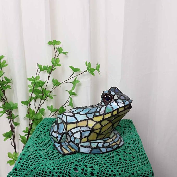 Bieye L10829 Frog Table Lamp Tiffany Style Stained Glass Accent Night Light for Home Décor Nursery Bedside (Multi-Colored)