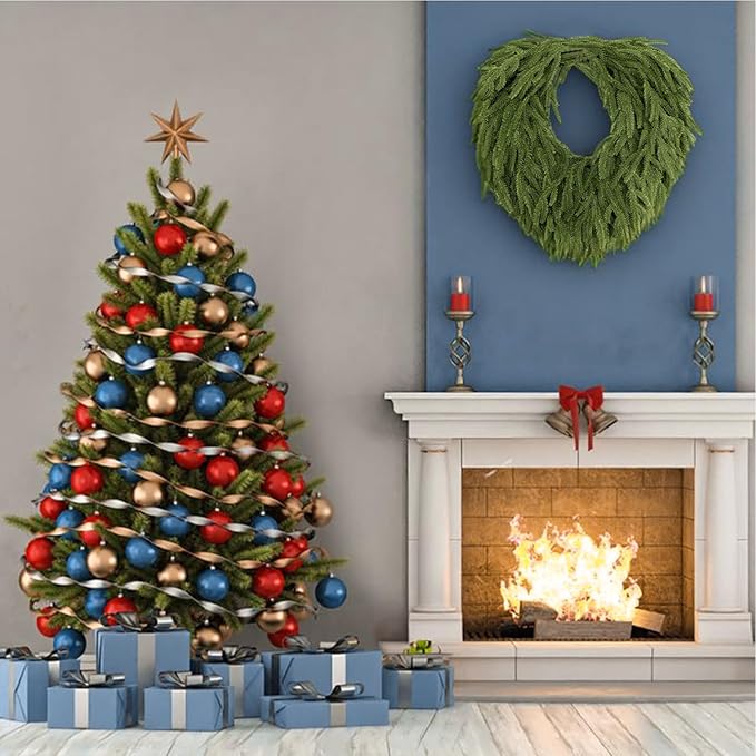 24" Norfolk Pine Wreath, Artificial Christmas Wreaths, Real Touch Green Winter Garland for Front Door Wall Window Indoor Outdoor Christmas Home Holiday Decor, FF13