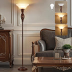 70" Torchiere Floor Lamp with NightLight - Victorian Style Standing Lamp for Living Room, Bedroom, Office - Retro Floor Lamps with Rotary Switch & Etched Glass Shade, Home Decor, Bulb Included