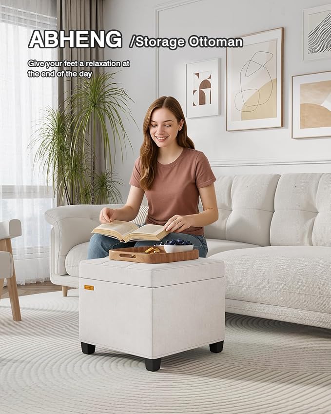 17.7 inches Chenille turfed Ottomans Cube with Legs, Metal-Framed Square Storage Ottoman Foot Rest Stool Holds 770 LB for Dorm Living Room Bedroom White UASND641W