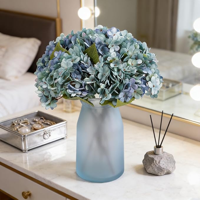 Kimura's Cabin 6pcs Fake Blue Flowers Artificial Silk Hydrangea Flowers Bouquets Faux Hydrangea with Stems for Farmhouse Home Table Centerpieces Wedding Party Decoration(Blue, Pack of 6)