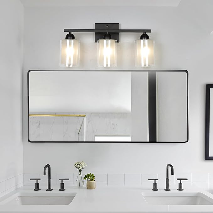 Matte Black Bathroom Vanity Light Over Mirror, 3 Light Bathroom Light Fixtures with Milk Glass and Clear Glass Shades, Modern Vanity Lighting Wall Mount