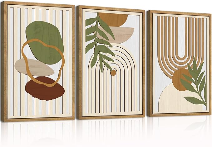 DRACIT Large Sage Green Boho Wall Art Set Abstract Modern Geometric Wood Wall Decor Mid Century Neutral Artwork Bohemian Art Decor for Living Room Bedroom Office-16x24Inch x3