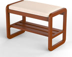 Solid Wood Shoe Rack, 2 Tier Shoe Storage Bench with Cushion Seat, 6 Pair Shoe Organizer for Entryway, Small, Cherrywood, 24 Inch