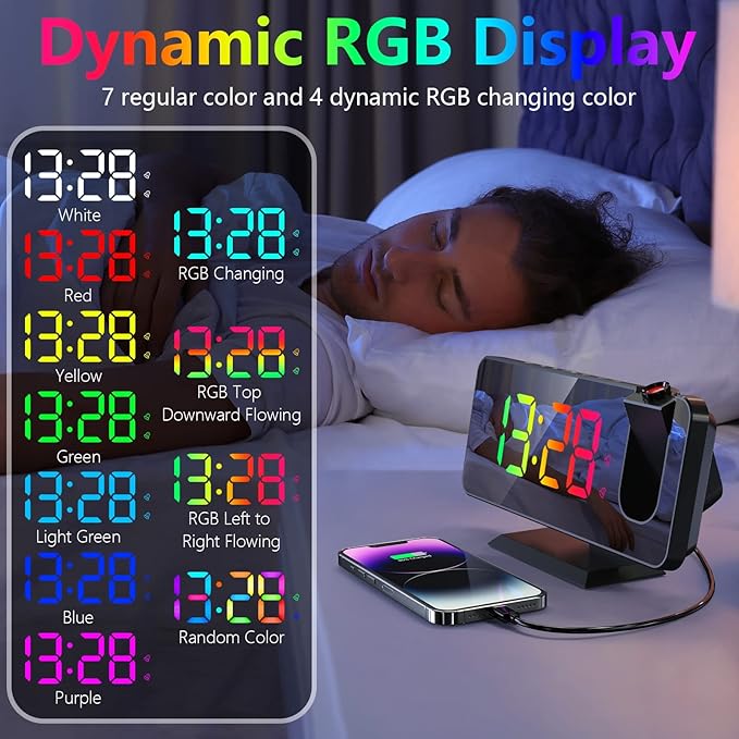 Projection Alarm Clock for Bedroom Ceiling, 180° Rotatable Projector 7.4” Mirror RGB Digital LED Display 12/24H, 5 Level Brightness Dimmer, Dual Alarm Clock (Black)