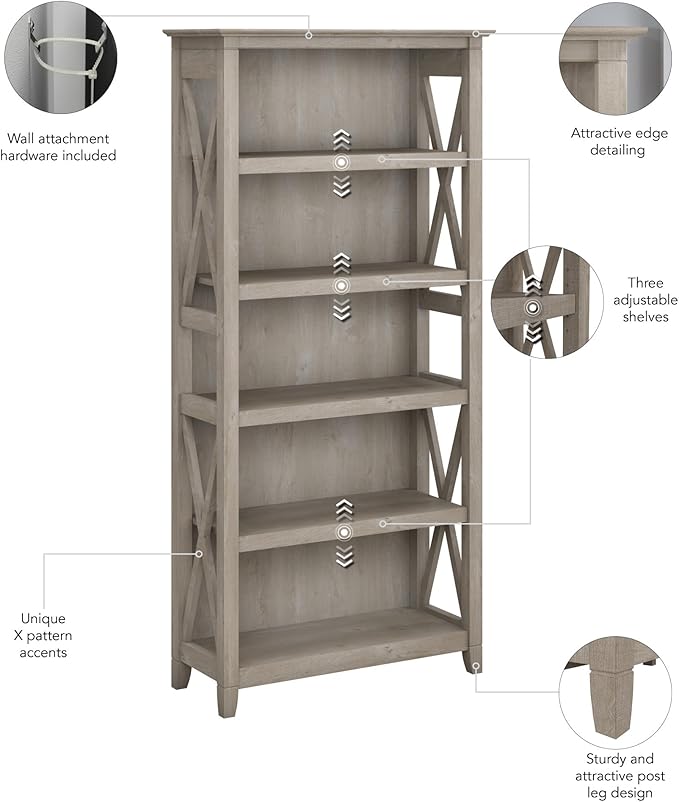 Bush Home Tall 5 Shelf Bookcase for Living Room or Home Office, Large Bookshelf, Modern Farmhouse Style, Key West Collection, Washed Gray