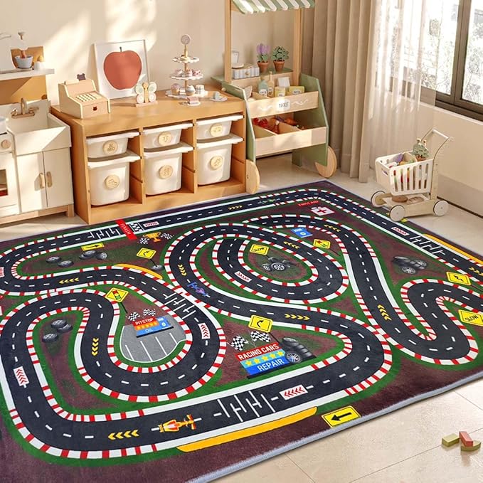 Kids Rug,Children's Room Rug,Road Race Play Rugs, Rail City Living Rugs, Washable Non-Slip Play Mats. (Crimson, 47x71in)