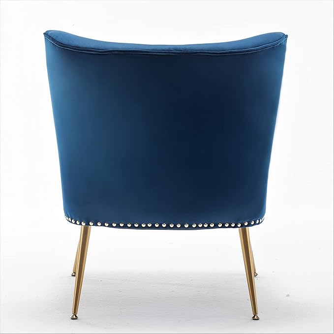 Thia Armless Velvet Accent Chair for Living Room, Elegant Seat with Nailhead Trim, Gold Metal Legs and Comfortable Curved Back, 28" D x 25" W x 29.5" H, Dark Blue