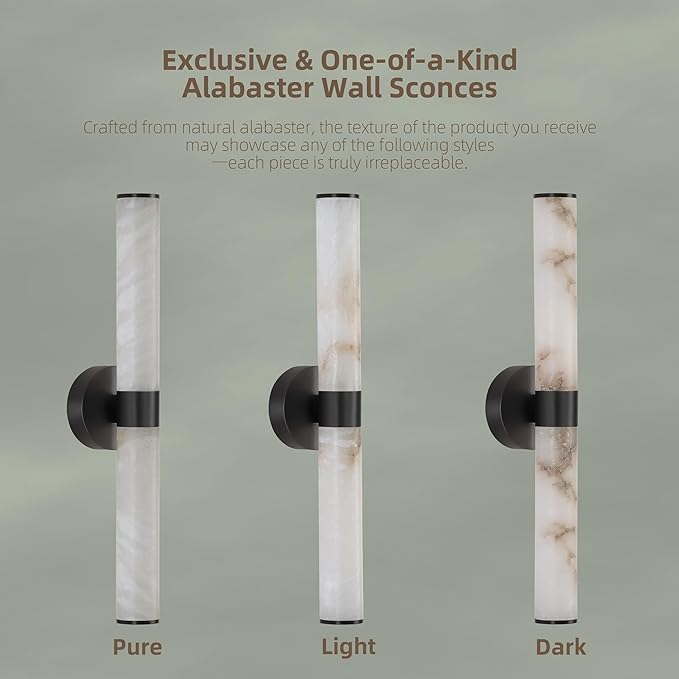 23.8in Alabaster Wall Sconce, Black Sconces with Spanish Marble, Modern Brass Wall Mounted Lamp, Hardwired LED Wall Lighting for Bathroom Bedroom Living Room Staircase Hallway Dining Room
