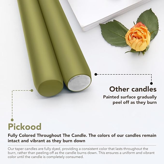 New Burning Formula Unscented Dripless 12-Inch Taper Candles Set of 12 - Olive Green, for Wedding, Dinner - Smokeless, Long Burning - Hand Poured, Colored Tall Candlesticks - Verde Oliva