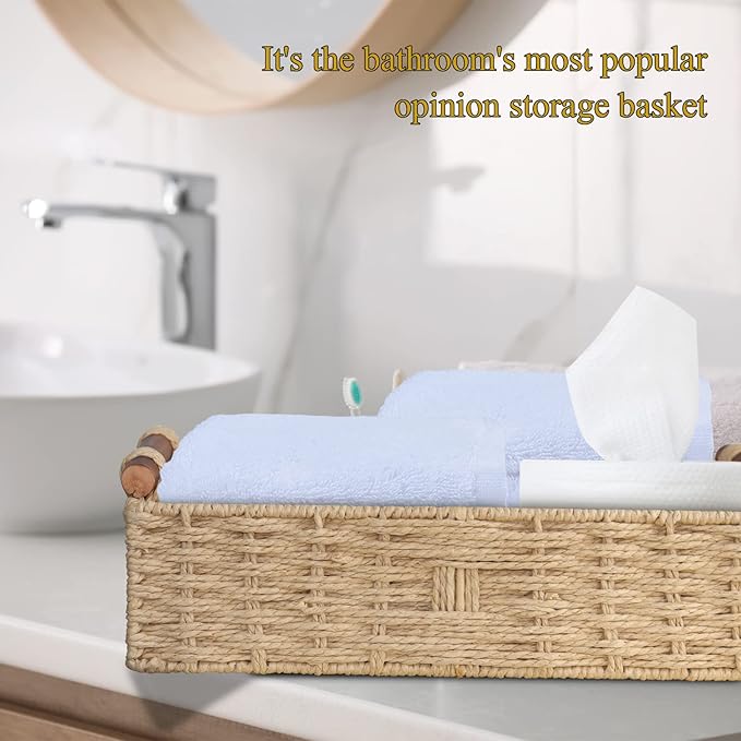 Round Paper Rope Storage Basket with Handle, Beige, 14.5in x 6.6in x 3.74in