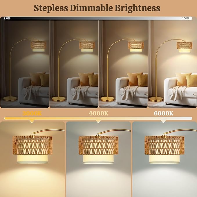 Gold Floor Lamps for Living Room, Arc Floor Lamp with Remote & Dimmable Bulb, Boho Standing lamp with 3 Color Temperatures, Adjustable Rattan & Fabric Shades Tall Lamp, Over Couch Reading Lamp