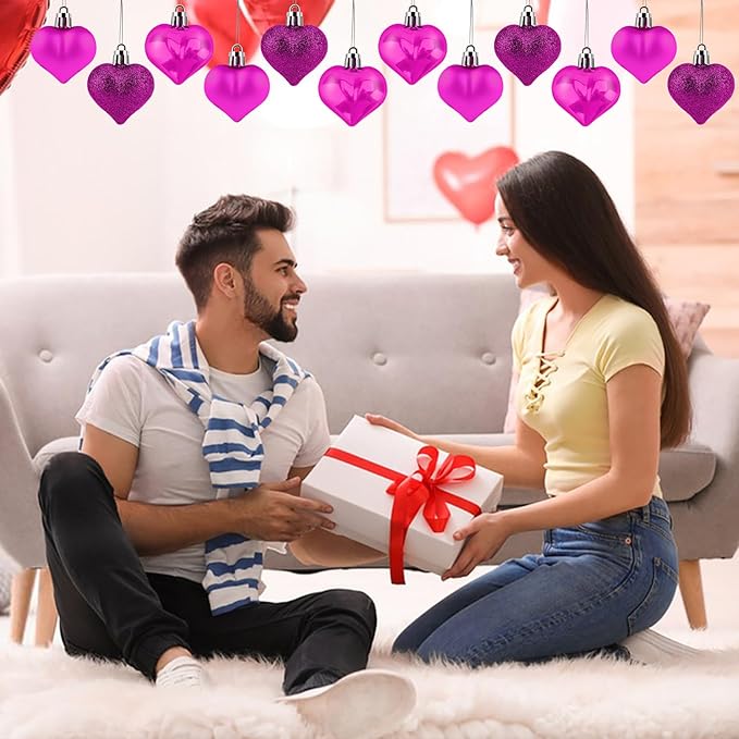 Heart Ornaments, 24Pcs Hanging Heart Ornaments, Glitter Rose Red Heart-Shaped Baubles for Outdoor Wedding Anniversary Mother's Day Romantic Galentines Valentines Day Party Decorations