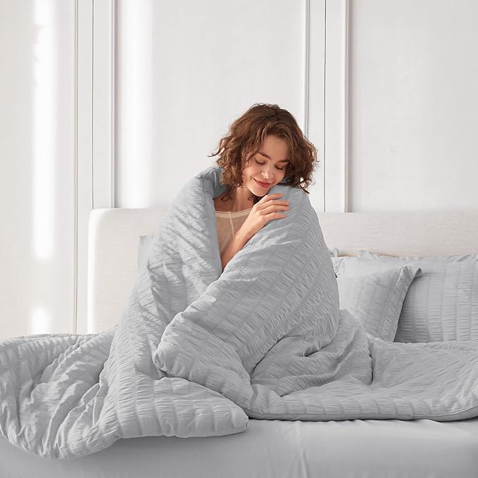 MUXHOMO 7 Pieces Full Comforter Set, Seersucker Bed in a Bag Full Size, All Season Luxury Bedding Set with Comforter, Flat Sheet, Fitted Sheet, Pillowcases & Shams, Light Grey