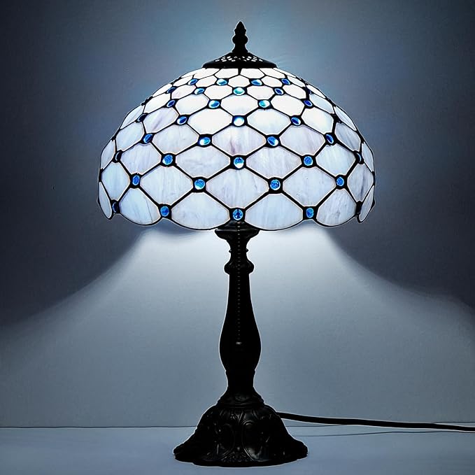 Tiffany Lamp Vintage White Grey Stained Glass Bead Table Lamp Desk Bedside Reading Light Decor Bedroom Living Room Home Office D12*H18 Inches