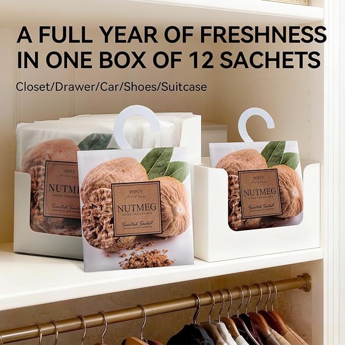 12 Pack Large Nutmeg Scented Sachets – Hanging Closet & Drawer Deodorizer & Air Freshener, Long-Lasting Aroma