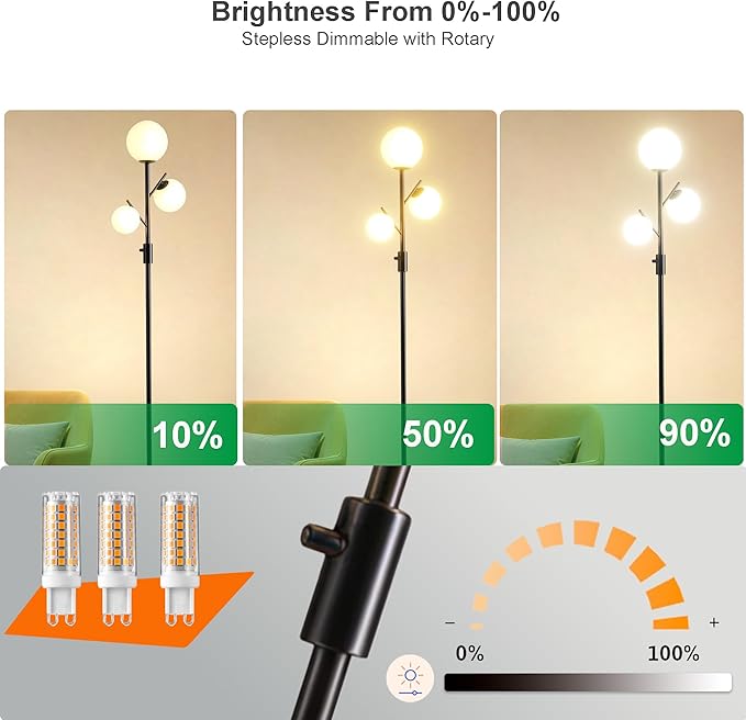 Fiqevs Dimmable Mid Century 3 Globe Floor Lamp with 3 Head Sphere Frosted Glass Shade and Bulbs Included, Modern Black Standing Lamps for Living Room Bedroom Office