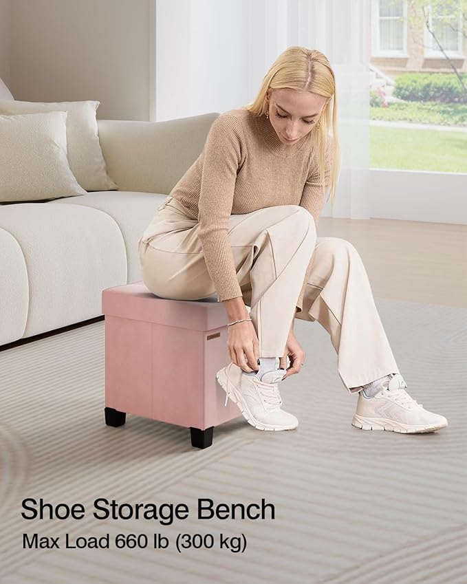 Cube Storage Ottoman, Velvet Foot Stool with Feet, Folding Storage Bench, End of Bed Bench, Chest, for Living Room, Bedroom and Office, 15 x 15 x 15.7 Inches, Jelly Pink, ASND22P
