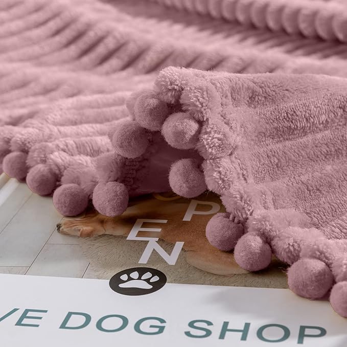 DISSA Fleece Blanket Twin Size – 60x80, Pink - Soft, Plush, Fluffy, Fuzzy, Warm, Cozy – Perfect Throw for Couch, Bed, Sofa - with Pompom Fringe - Flannel Blanket