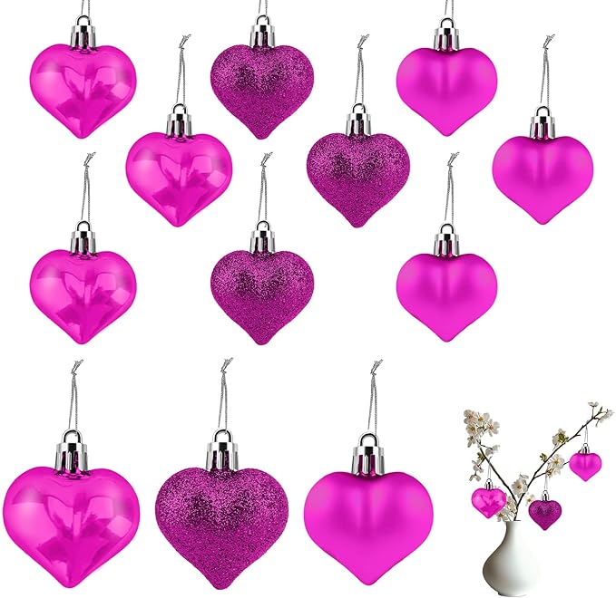 Heart Ornaments, 24Pcs Hanging Heart Ornaments, Glitter Rose Red Heart-Shaped Baubles for Outdoor Wedding Anniversary Mother's Day Romantic Galentines Valentines Day Party Decorations