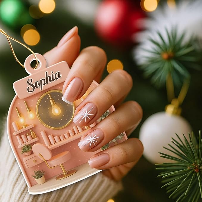 Personalized Pink Makeup Christmas Ornament 2025, Custom Acrylic Hanging Decoration, for Teen Girl, Beauty Artist Keepsake, Makeup Christmas Tree Ornament