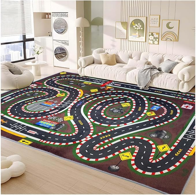 Kids Rug,Children's Room Rug,Road Race Play Rugs, Rail City Living Rugs, Washable Non-Slip Play Mats. (Crimson, 47x71in)