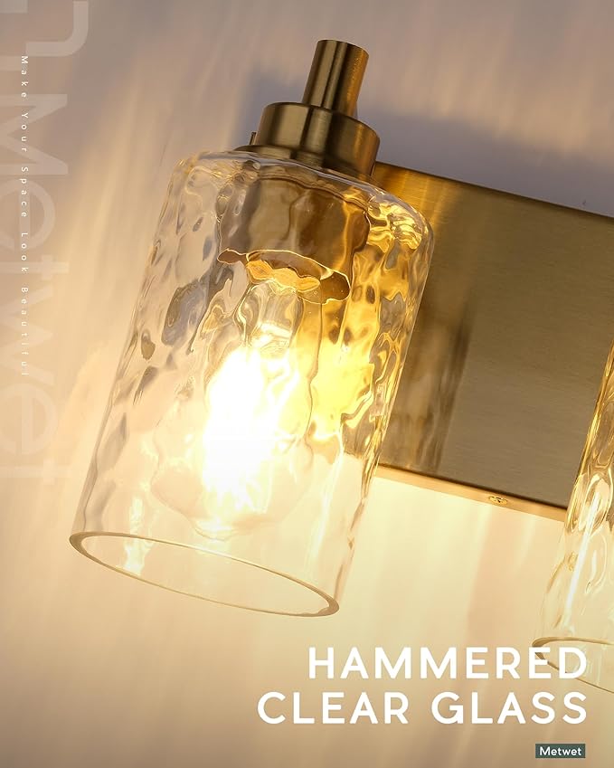 4-Light Bathroom Light Fixtures, 24.5 Inch Brushed Gold Vanity Lights with Clear Hammered Glass Cylinder Shade, Modern Vanity Lighting Fixture Over Mirror, VL198-BG-4
