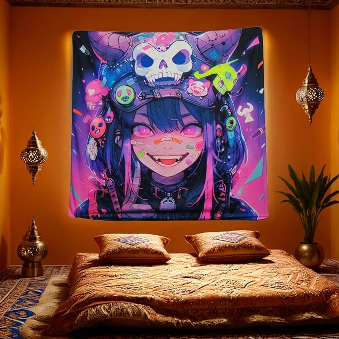 HOUHUANG Hanging paintings, blacklight tapestry, murals, and decorative paintings, fluorescent anime, cartoons, polyester material (59 "x 59") for families, bars, and outdoor parties (Halloween Girl)