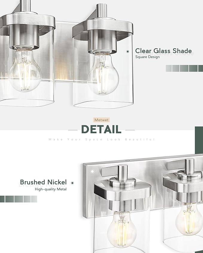 Bathroom Light Fixtures, 3-Light Vanity Light with Square Clear Glass Shade, Brushed Nickel Modern Wall Sconces, Vanity Lighting Fixtures Over Mirror, VL194-BN-3