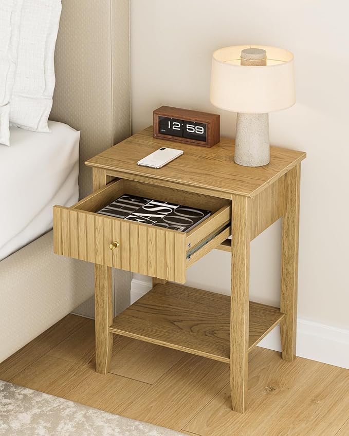 Fluted Nightstand, Farmhouse Night Stand with 1 Drawers, Mid Century Modern Side Accent Table,Bedside End Table for Bedroom, Living Room, Yellow Oak