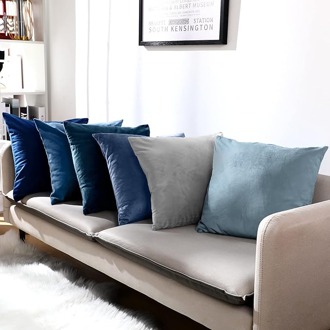 Pack of 6 Decorative Velvet Throw Pillow Covers Solid Square Soft Pillowcase Set Cushion Cases for Sofa Couch Bed Car Christmas Fall Home Decor 18 x 18 inch(Blue Color Scheme)