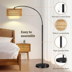 Arc Floor Lamp for Living Room, Rattan Boho Floor Lamp with Remote Control, Black Standing Lamp with 3 Color Temperatures & Dimmable LED Bulb, Tall Lamp for Bedroom, Over Couch Arched Reading Light